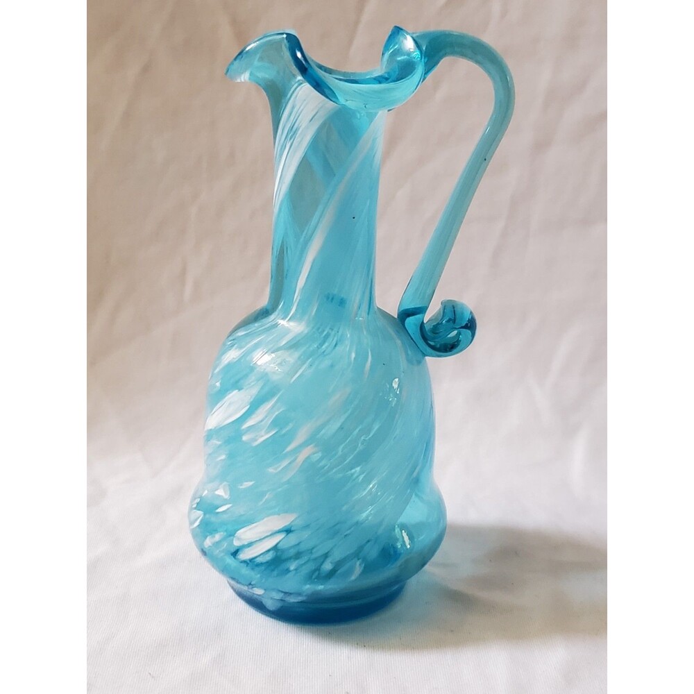 Hand Blown Art Glass Pitcher Vase Blue White Spatter Streaks Handle Ruffle 6"
